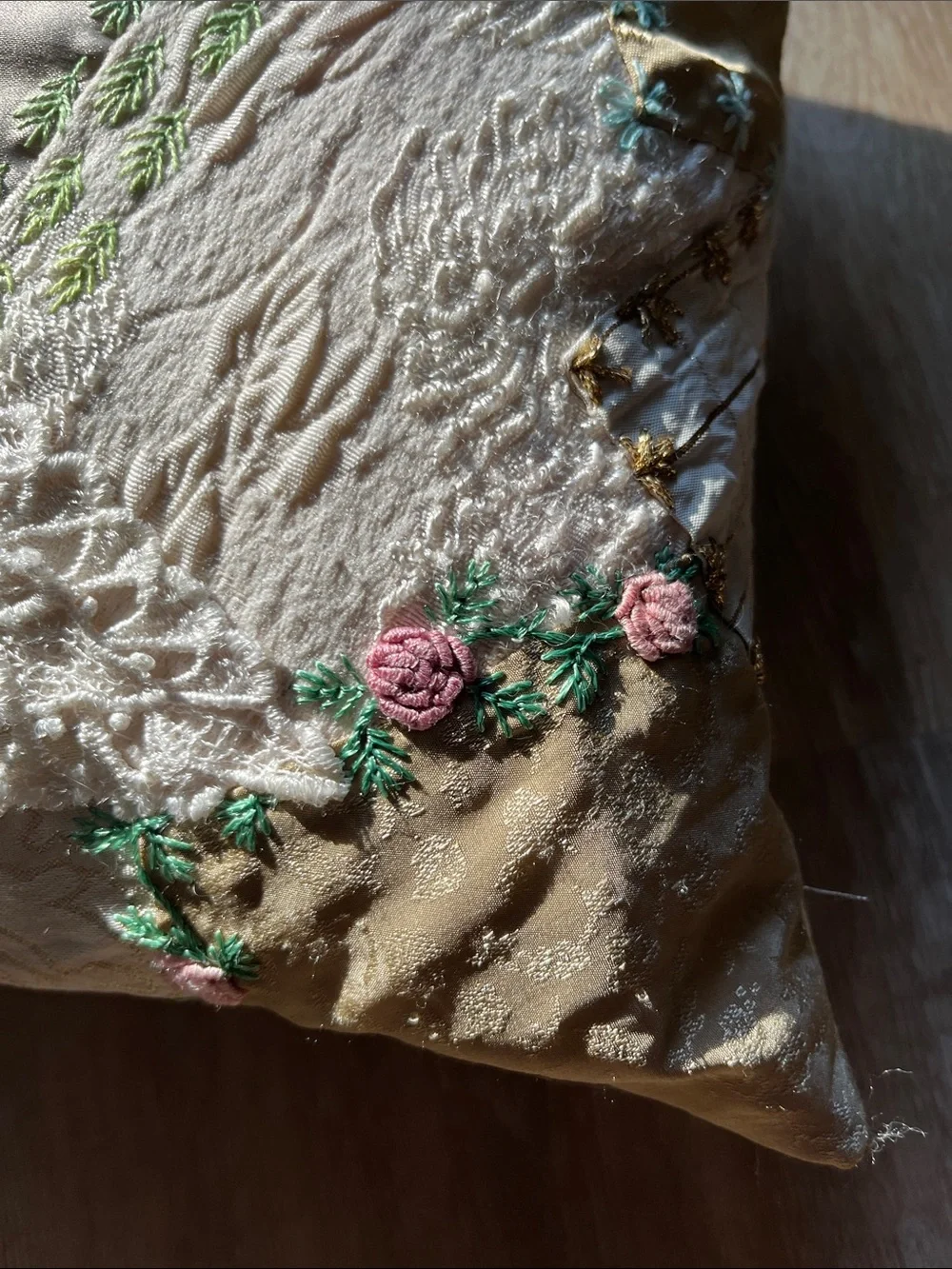 Embroidered Vintage Patchwork Decorative Pillow - Cream, Gold, Pink